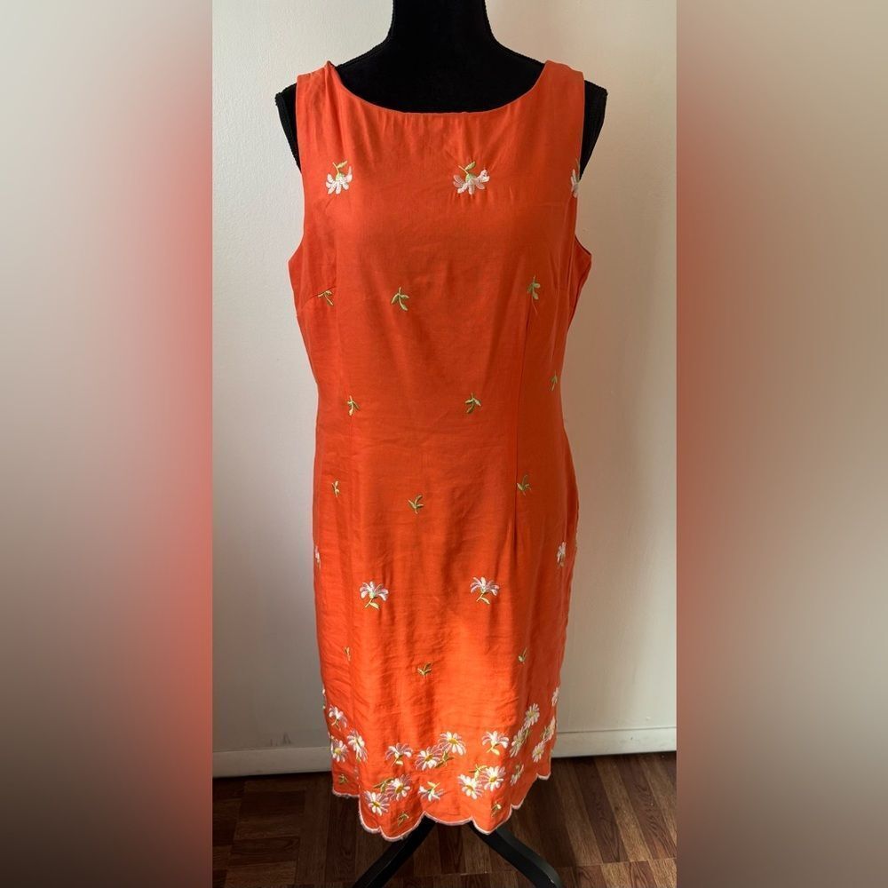 Vintage Floral Embroidered Sheath Dress 12 Linen Blend Sleeveless Orange R&K 90s
